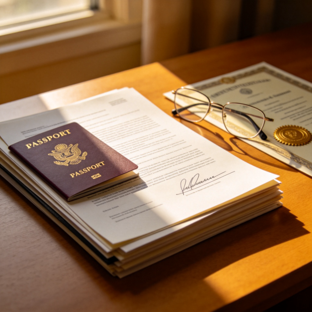 A neat stack of important-looking documents on a wooden desk, including a passport, a contract with a signature, and a certificate with a gold seal. Soft morning light shines on them. A pair of reading glasses rests beside the stack. No text visible on any document.