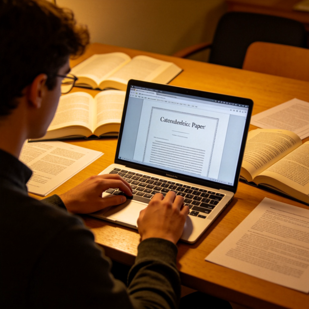 A focused university student working late at night on a laptop, with several open books and printed articles scattered on the desk. The screen shows a title page of an academic paper. Warm lamp light creates a cozy, studious atmosphere. No visible text on screen or books.