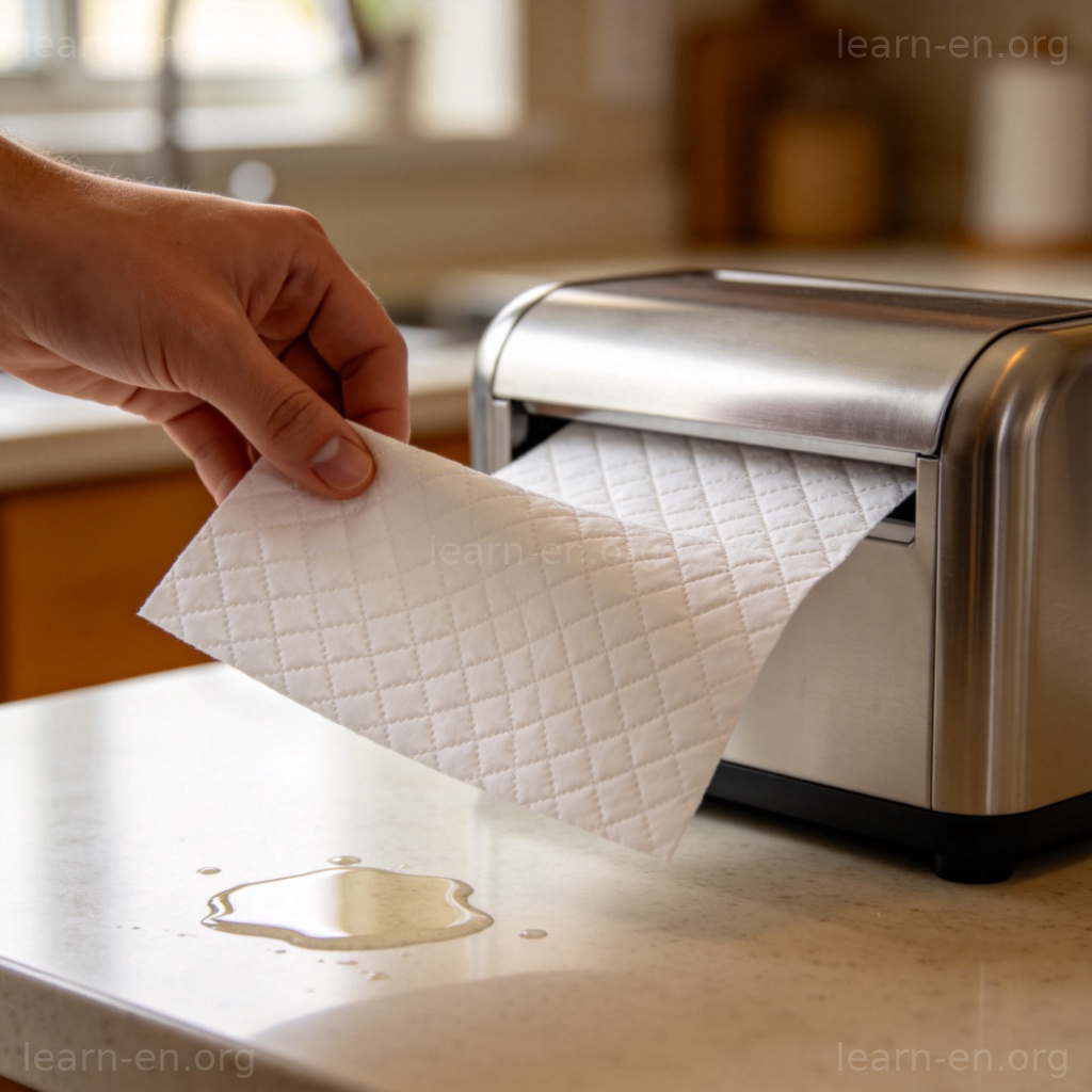 Hand pulling a paper towel from a kitchen dispenser near a water spill