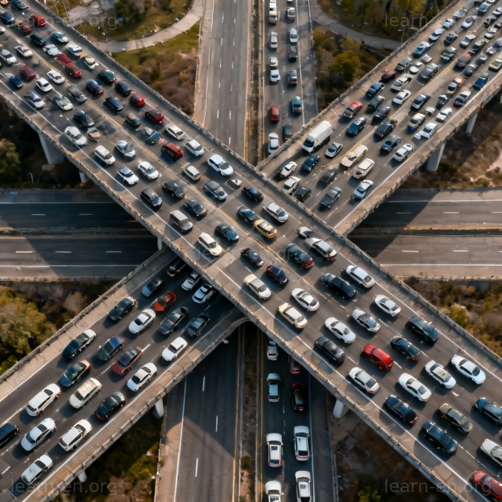 paralysis 停滞含义图解：鸟瞰交通完全堵塞的高速公路交叉口
