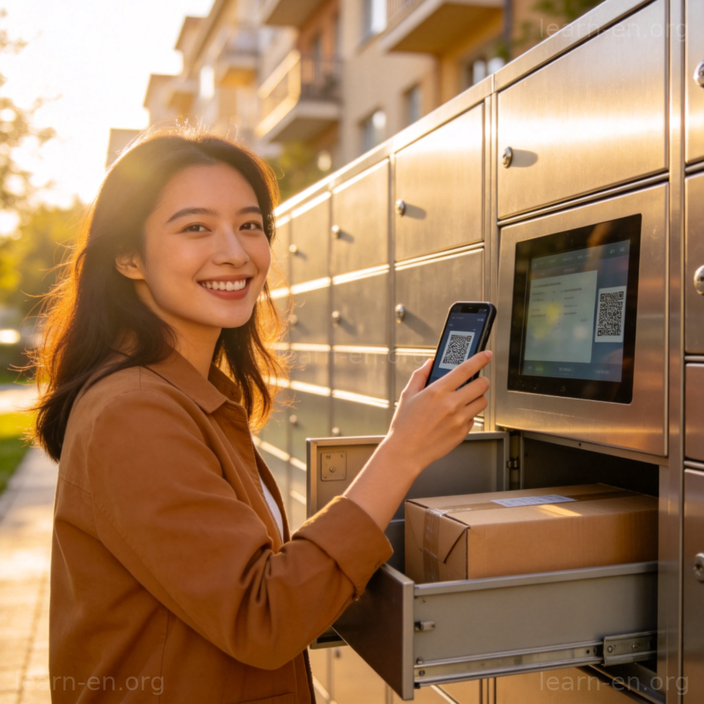Parcel Locker 图解：用户在阳光小区扫描二维码从智能快递柜取包裹