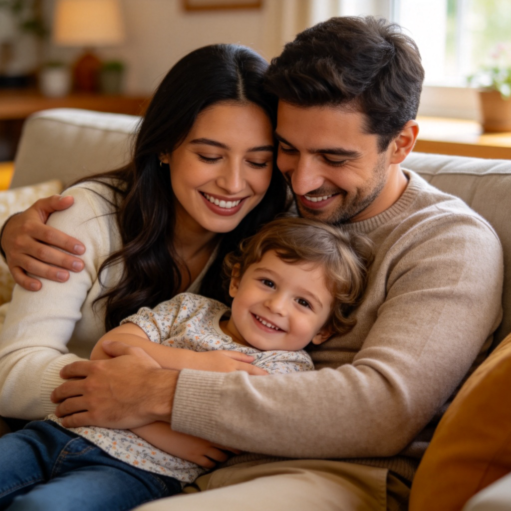 A warm scene of a happy family. A mother and father (the parents) are smiling and gently hugging their young child on a comfortable sofa in a living room. The focus is on their loving expressions and close bond. Soft, natural lighting, realistic style. No text.