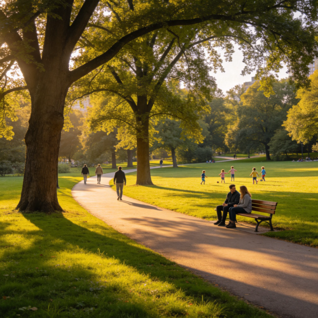 A wide, sunny city park with green grass, shady trees, and a clear path. People are seen walking, a couple sits on a bench, and children play in the distance. The scene is peaceful and inviting. Photorealistic style, bright daylight. No text.
