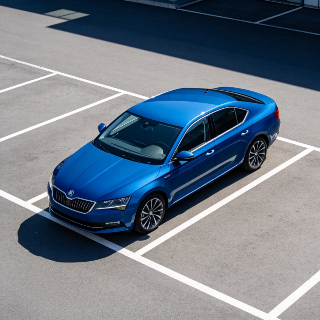 A blue sedan is neatly parked between two white lines in a modern urban parking lot. The car is turned off, and the scene is quiet. The focus is on the parked car and the parking space lines. Clean, sharp photography, midday light. No text or people.