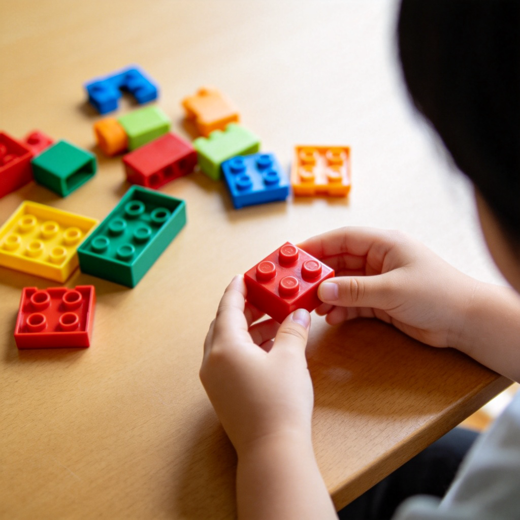 A close-up photo of a colorful plastic toy construction set, like LEGO, disassembled into several distinct pieces on a plain wooden table. One piece, a red brick, is being held between a child's fingers, isolated from the others. Natural light, sharp focus on the single piece and the hand. No text.