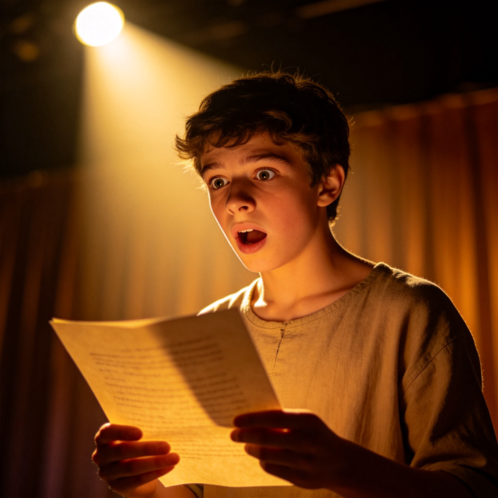 A young actor on a stage, under a single spotlight, holding a script and expressing emotion-perhaps a look of surprise or determination. They are dressed in simple, neutral clothing, focusing intently. The stage curtain is blurred in the background. Dramatic lighting, focus on the actor's face and script. No text.