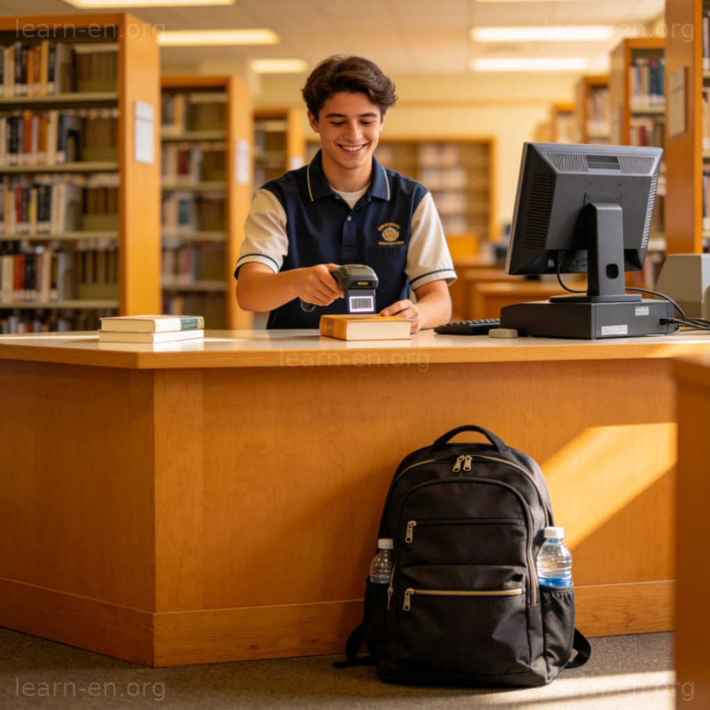 Part-Time Employee 图解：图书馆兼职员工在柜台工作的场景