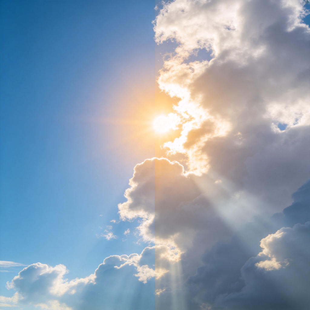 副词partly图解：部分晴朗的天空，一半蓝天一半云