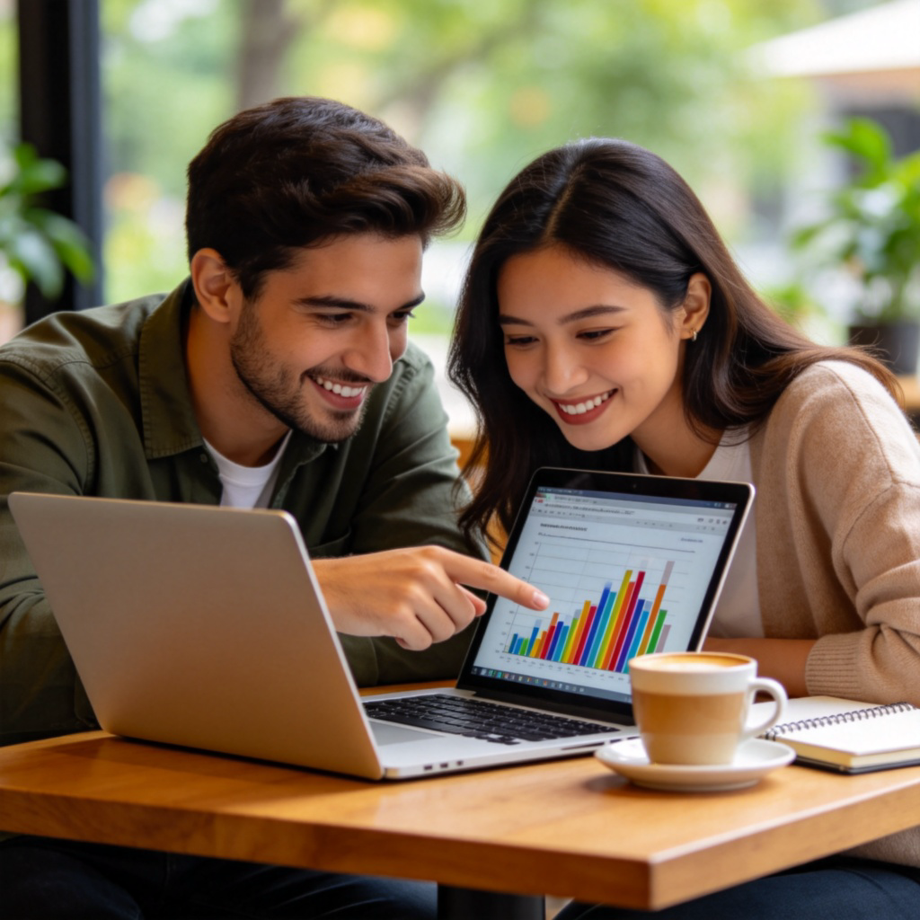 Two people, a man and a woman, sitting at a cafe table with laptops open. They are leaning in, pointing at the same screen showing colorful graphs, smiling and discussing work. Daylight, natural setting, focus on their collaboration. No text.