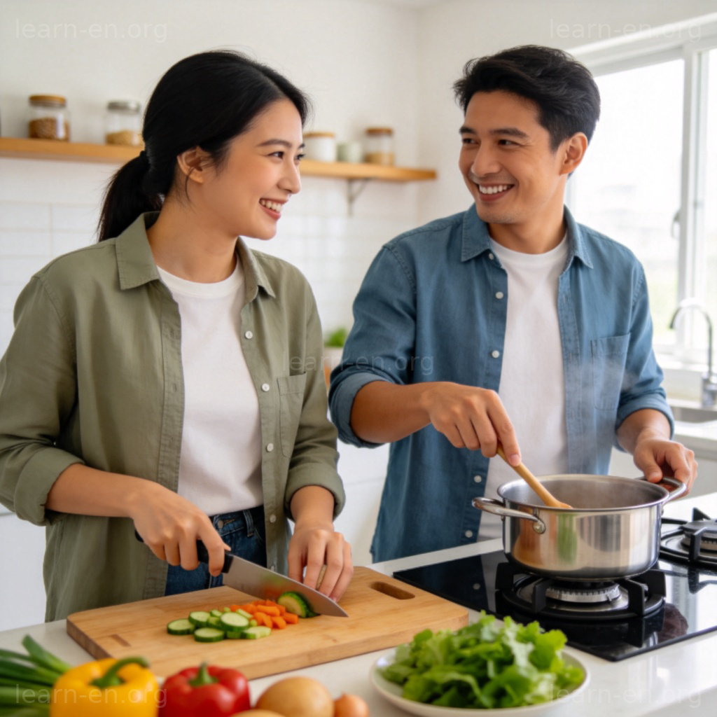partnership 生活伙伴关系图解：伴侣在厨房协作准备餐食