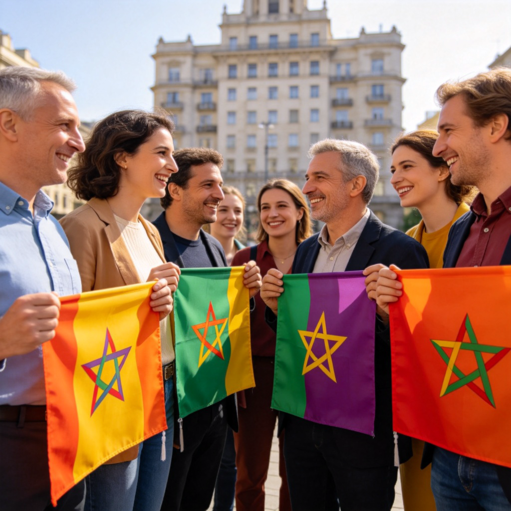 A diverse group of adults standing together in a public square, holding colorful banners with a common political symbol like a logo or flag. They are smiling and engaged in discussion, with a government building visible in the background. Clear daylight, focus on the group and their banners, simple urban setting. No text.