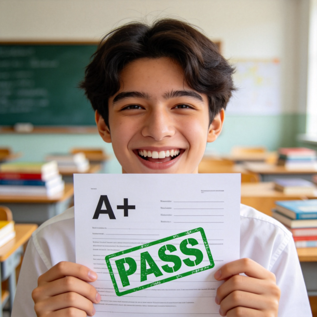A student holding up a paper with a big 'A+' grade and a large green 'PASS' stamp, smiling widely. The background is a classroom or study desk with books. Clear, bright lighting, focus on the student's joyful expression and the passed paper. No text on the paper other than the grade and stamp.