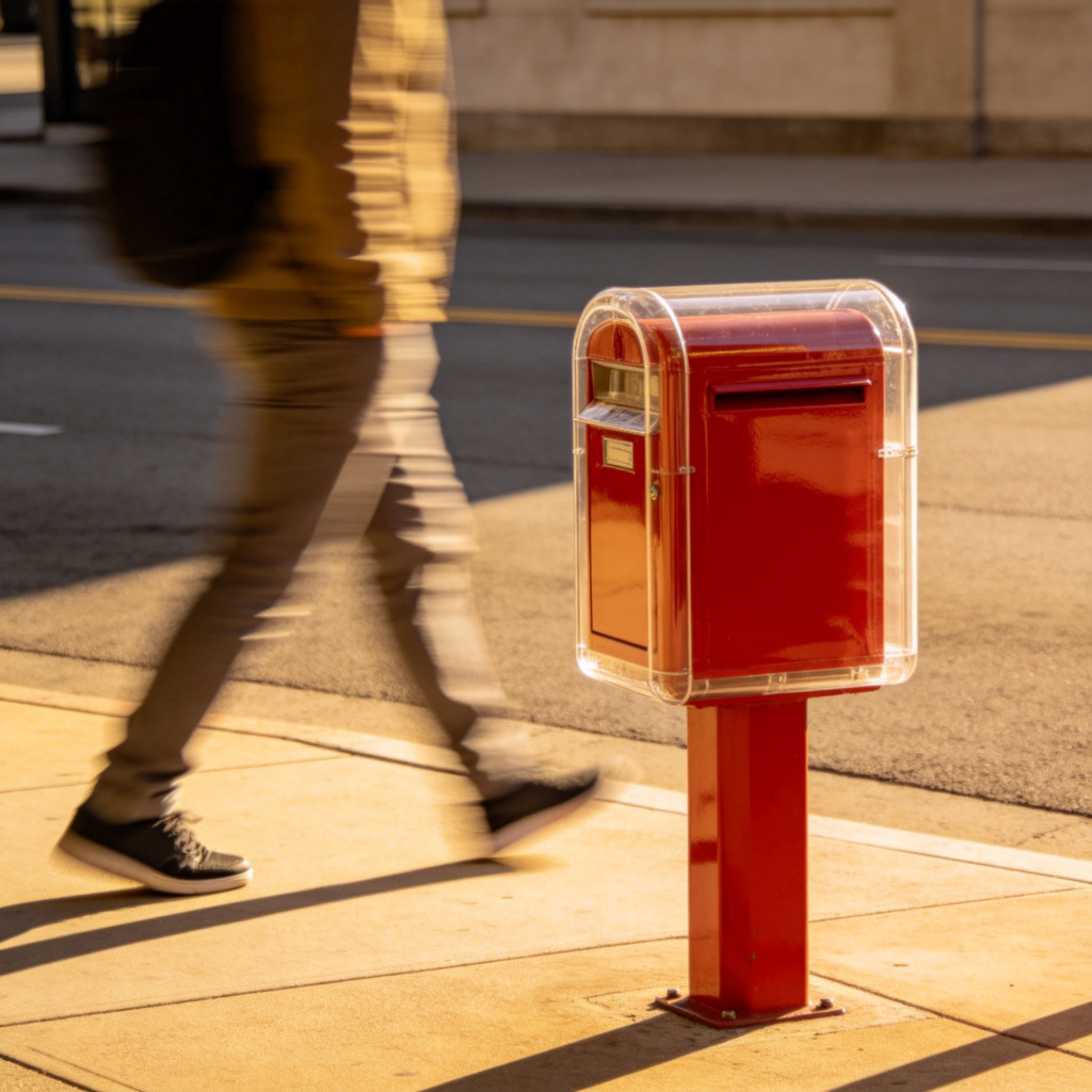 A person walking on a sunny sidewalk, about to walk past a red mailbox. Side-view shot, showing the motion of passing by. The mailbox is stationary and clear. Clean background with a street and maybe a blurry building. Emphasizes the action of moving past a fixed object.