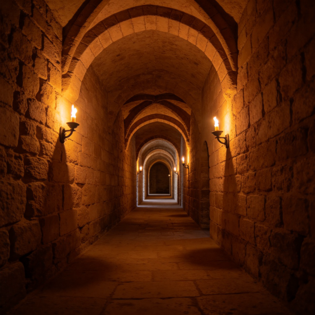 A long, narrow stone corridor inside an old castle, lit by a few torches on the walls. The passage stretches into the distance with an arched ceiling. The view is from one end looking straight down the corridor, emphasizing its length and enclosed nature.