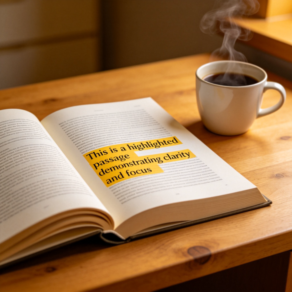 An open book lying on a wooden desk, with a paragraph of text highlighted in yellow. A cup of coffee sits nearby. The focus is on the highlighted passage, showing clear, printed English words on a white page.