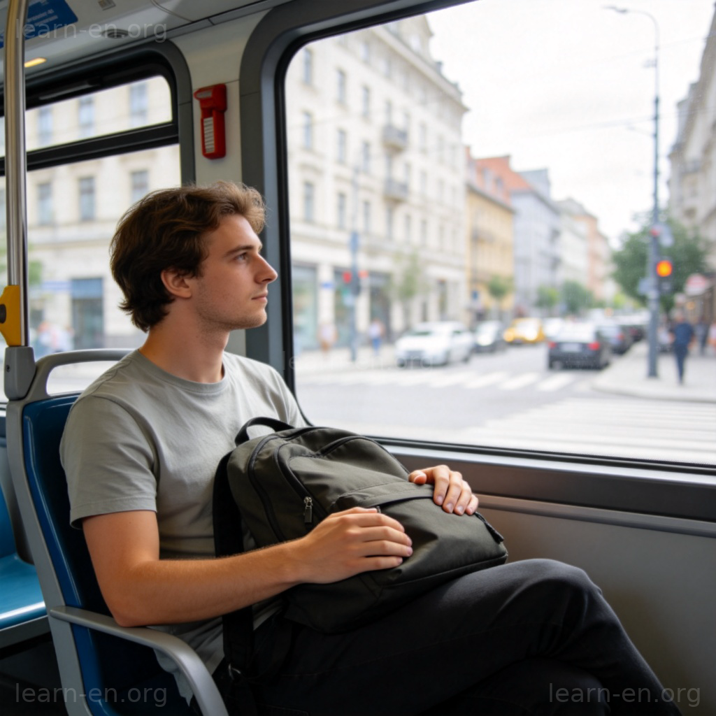 Passenger sitting in a train carriage looking out window.