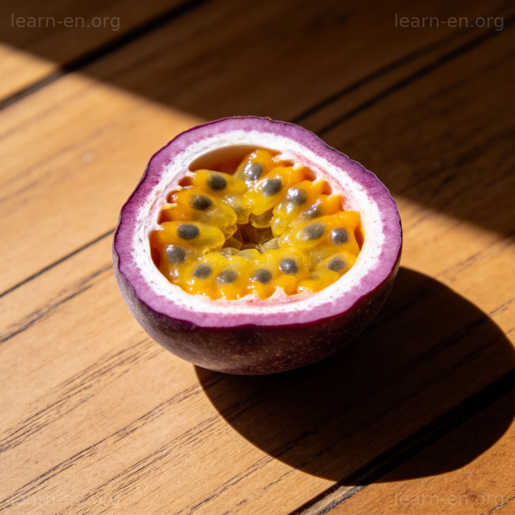 百香果图解：切开的紫色百香果，露出充满黑色籽的黄色果肉