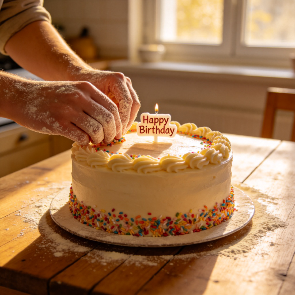 A close-up shot of a person's hands covered in flour, carefully decorating a beautifully finished birthday cake on a wooden kitchen table. Warm sunlight from a window lights the scene, showing focus and joy in the activity. No text.