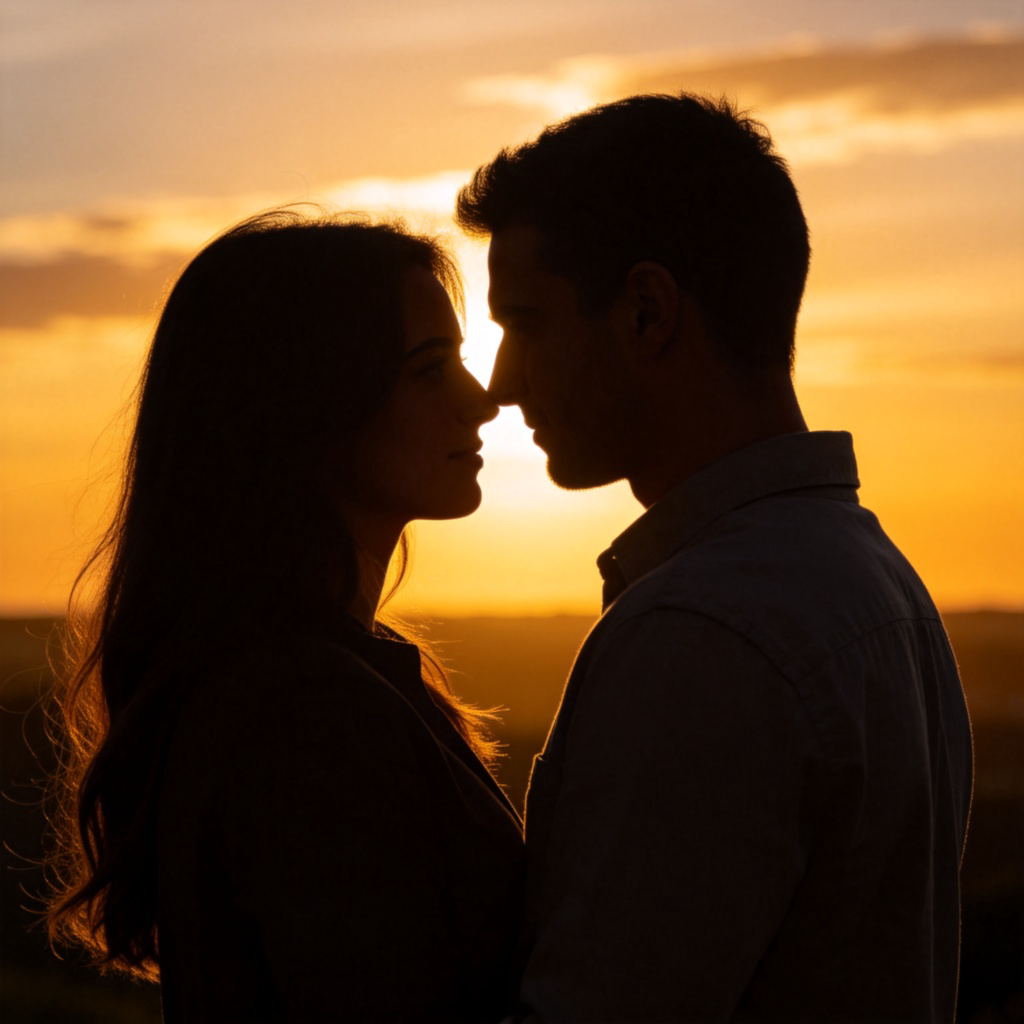A silhouetted couple at sunset, standing close together and looking into each other's eyes, backlit by the warm golden light. The focus is on their intimate posture and the romantic atmosphere. No text or identifiable faces.