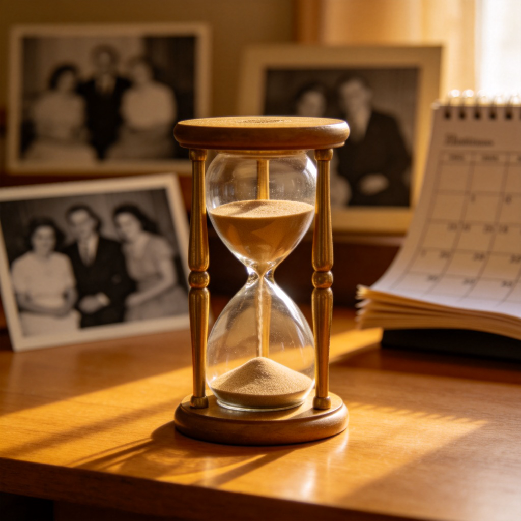 A classic hourglass with most sand settled at the bottom, symbolizing time that has passed. In the blurred background, faint outlines of old-fashioned black-and-white family photos and a calendar with turned pages. Soft, warm lighting. The hourglass is the clear focal point on a simple wooden table. No text.