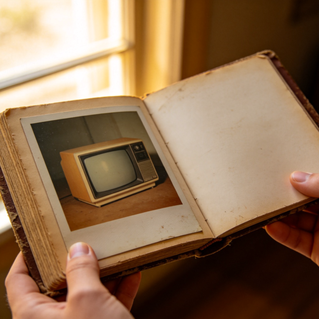 A person's hands holding an open, worn photo album. One page shows a faded color photo of an old-fashioned boxy television from the 1980s. The other page is empty, symbolizing the present. Focus is on the old photo and the hands. Daylight from a window. No text.