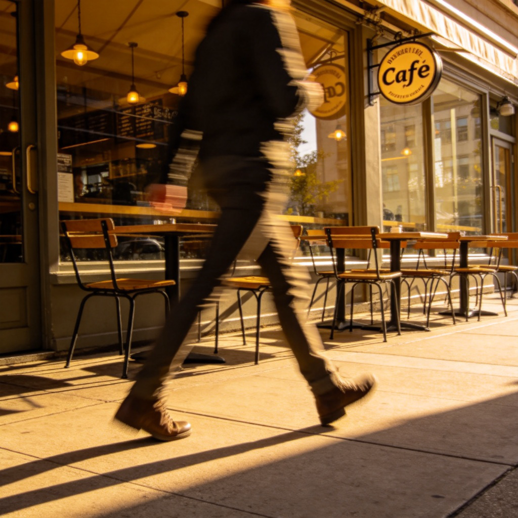 A side-view shot of a person walking on a sunny sidewalk. They are in mid-stride, clearly moving past the storefront window of a cafe with outdoor seating. The motion blur is slight on the person's legs, emphasizing movement. The cafe sign and tables are in clear focus in the background. No text.
