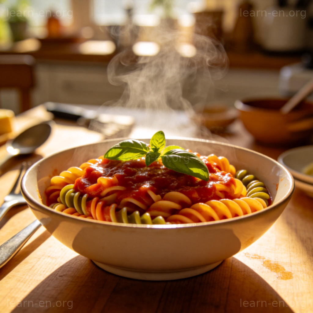 Pasta 图解：一碗搭配浓郁番茄酱和罗勒的意大利面