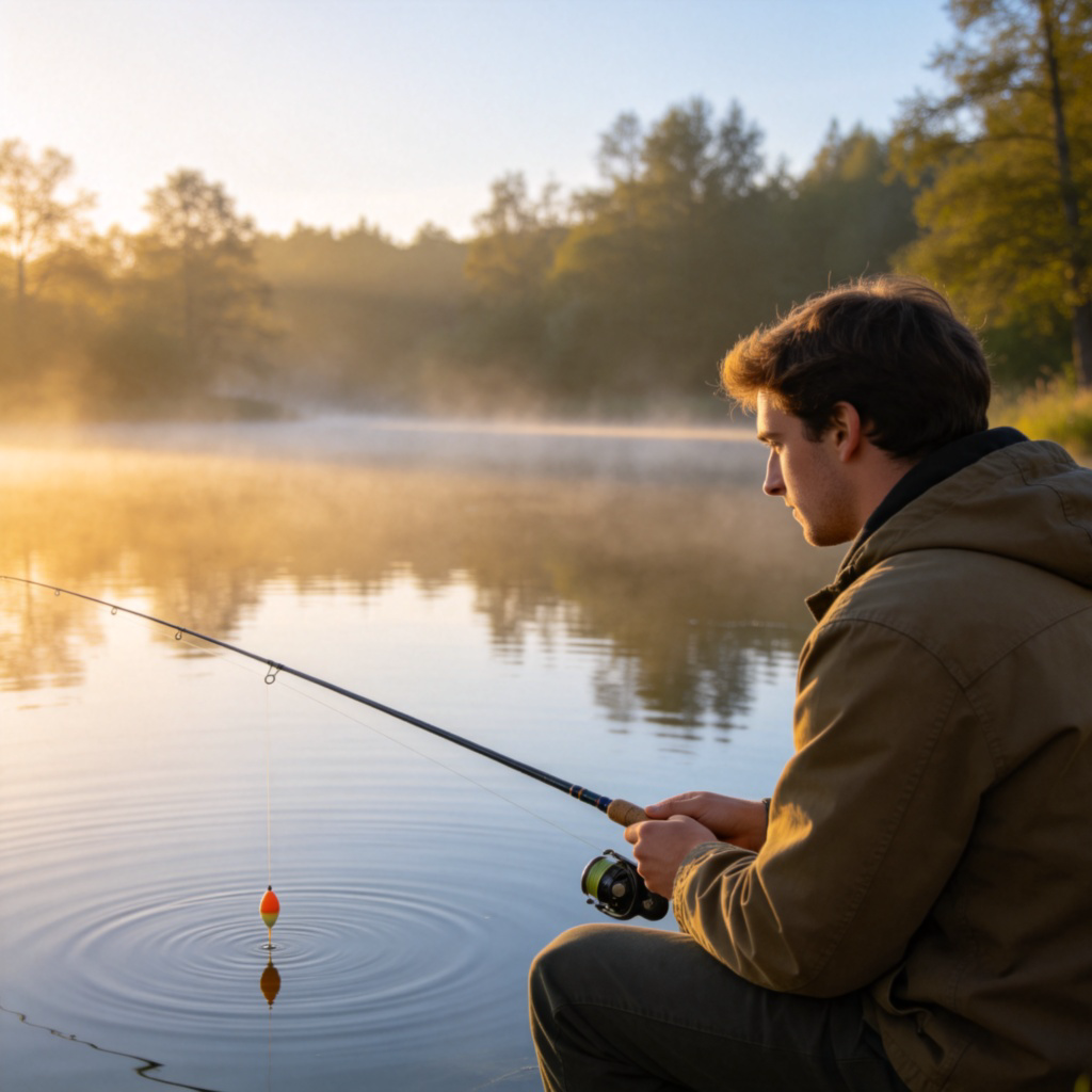 A person sitting calmly by a serene lake, holding a fishing rod. The line is cast into the water, and they are watching the float with a relaxed, focused expression. The scene is peaceful, suggesting a long, quiet wait. Soft morning light, realistic style. No text.