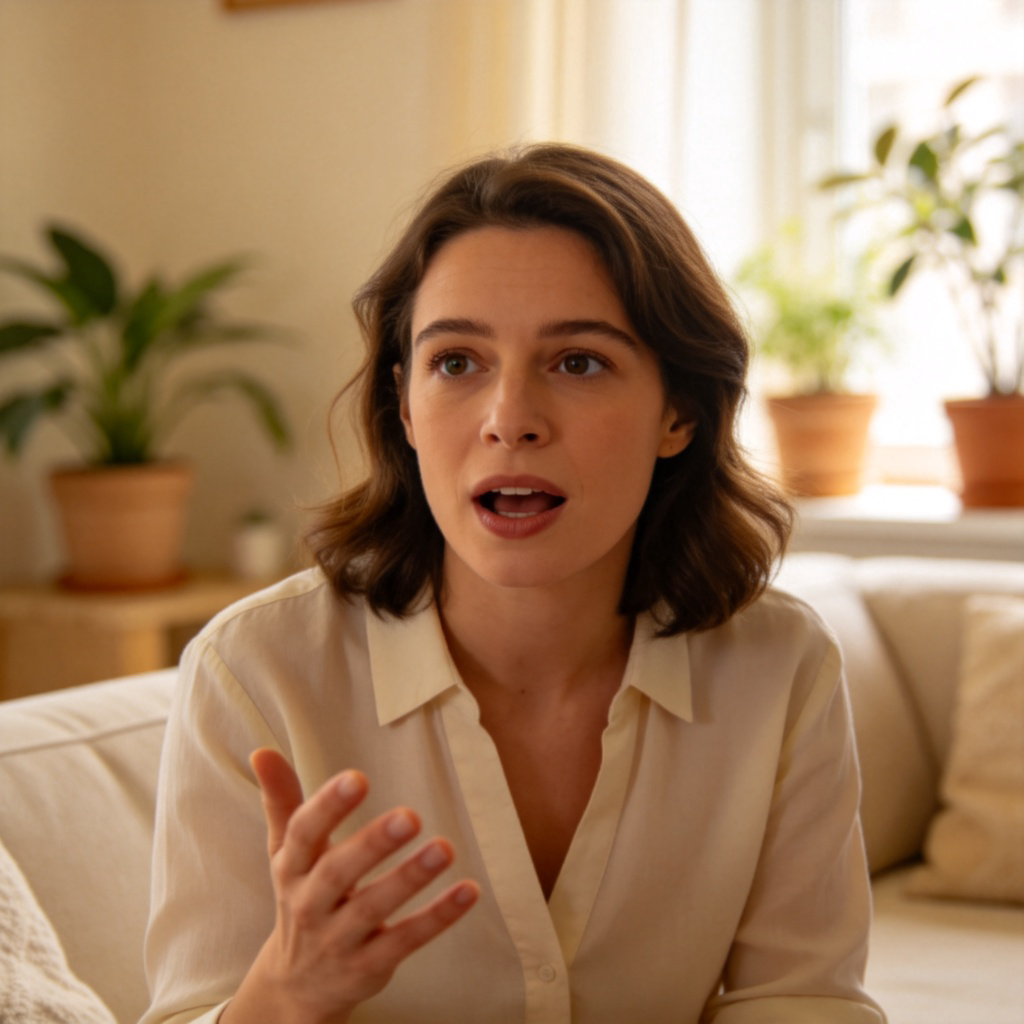 A person mid-conversation, with their hand slightly raised and mouth open as if about to speak, but momentarily silent. Focus on their thoughtful expression and the quiet atmosphere. In a cozy living room setting with soft light. No text.