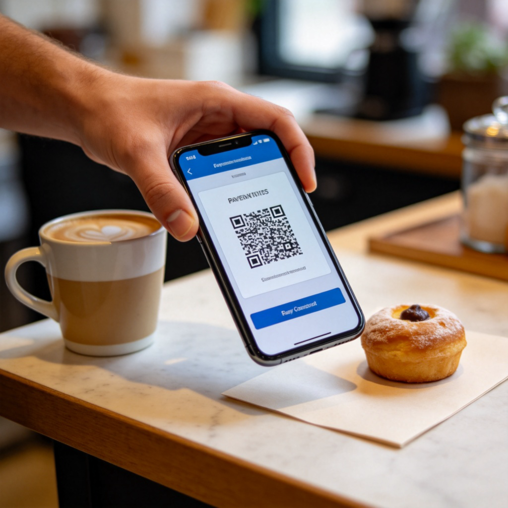 A close-up photo of a person's hand using a smartphone to scan a QR code for payment at a café counter. A coffee cup and a small pastry are visible next to the phone. The focus is on the phone screen showing a payment confirmation. Natural lighting, clear and direct. No text or logos.