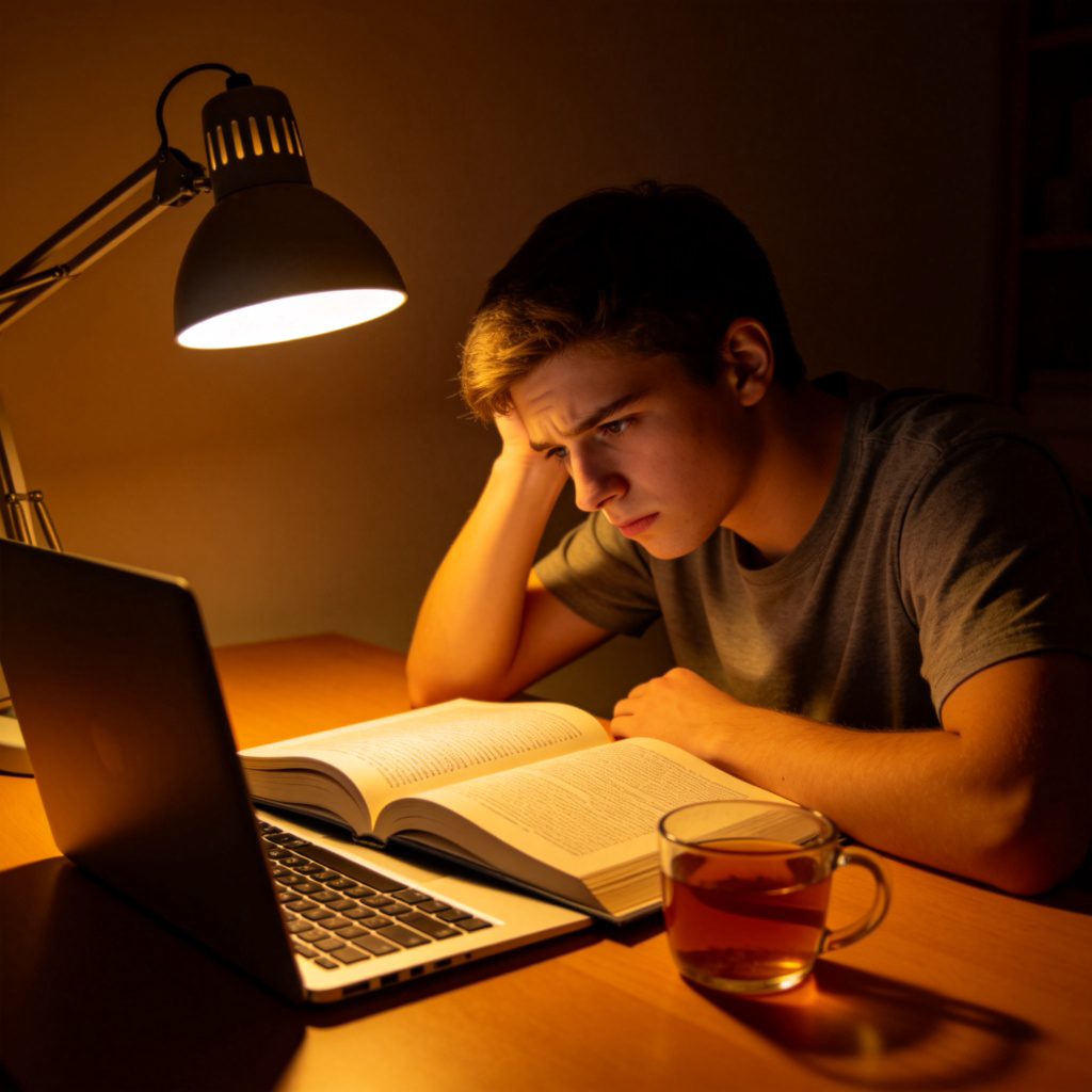 A determined student studying late at night at a desk, with a tired but focused expression. An open textbook, a laptop, and a cup of tea are on the desk. The room is dimly lit by a desk lamp, highlighting the effort and concentration. No text.