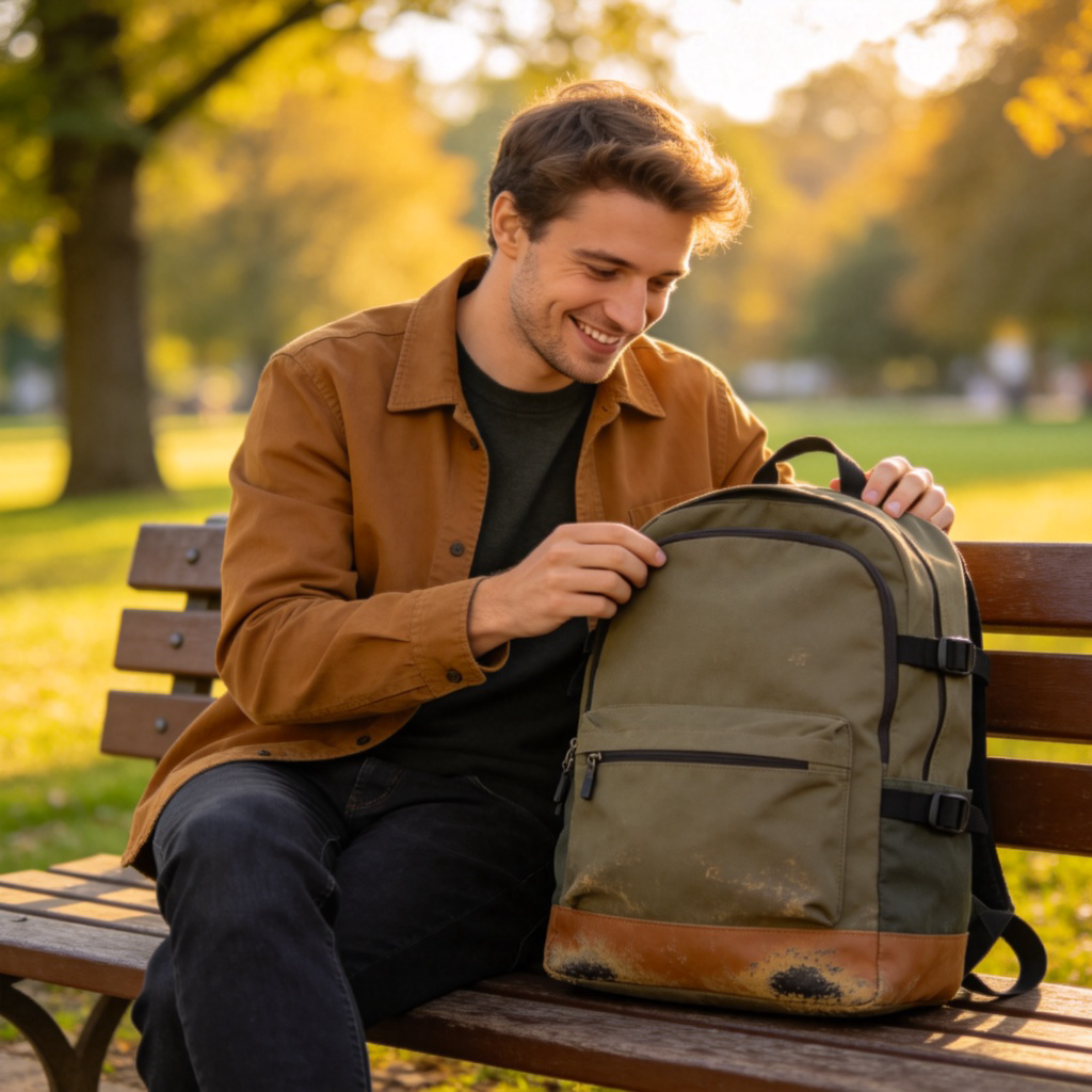 A satisfied customer smiling while looking at a durable, slightly worn but still in perfect condition backpack placed on a wooden bench in a park. The scene suggests the product was a good long-term investment. Daylight, clear and positive. No text or brands.