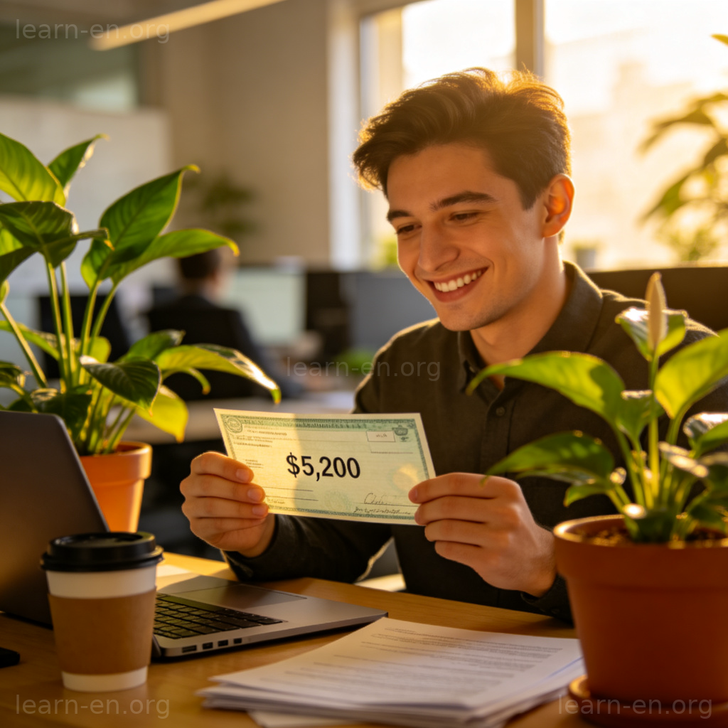 Employé souriant tenant un chèque avec augmentation de salaire au bureau