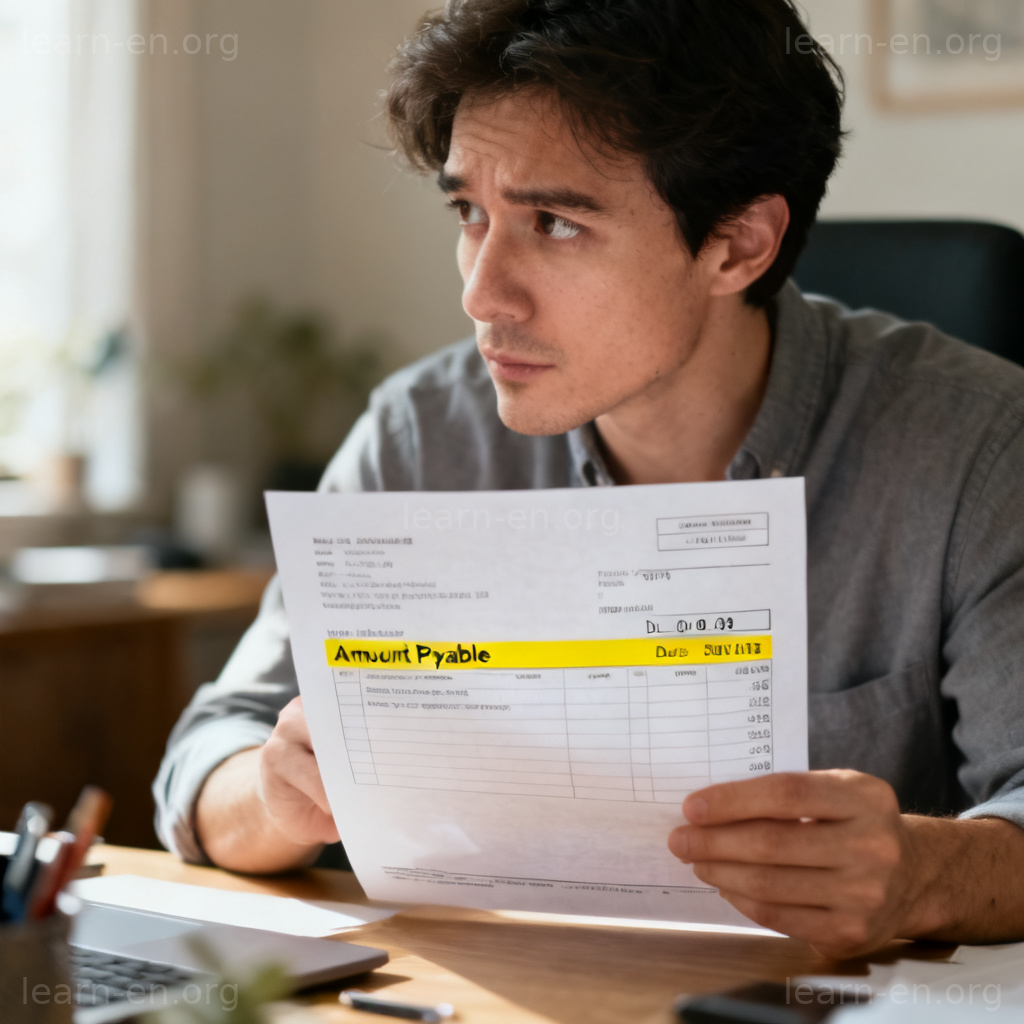 Illustration of payable meaning: person reviewing invoice with highlighted amount due.