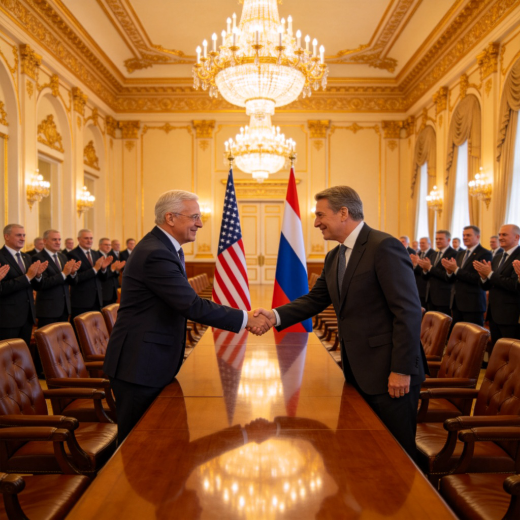 A formal signing ceremony in a grand hall. Two diplomats in suits are shaking hands across a wooden table, with their national flags displayed behind them. Others are clapping in the background. The atmosphere is dignified and hopeful. No text.