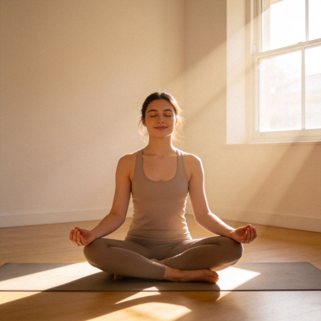 A person sitting cross-legged on a yoga mat in a sunlit, minimalist room, eyes closed with a gentle, relaxed smile. The pose suggests meditation and stillness. Soft morning light streams through a window. No text.