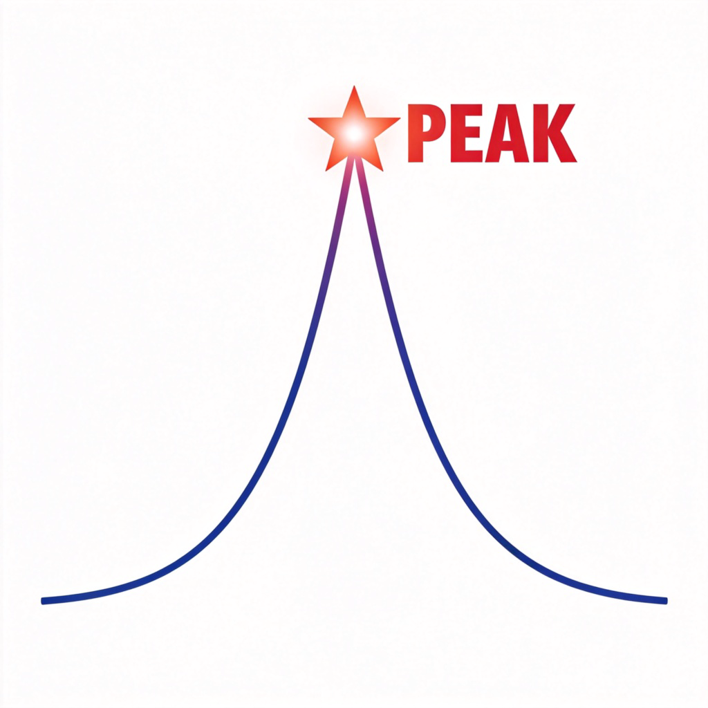 A colorful line graph showing a company's sales over a year. The line starts low, rises sharply to a very high point at the center of the graph, and then falls. The highest point is marked with a bright star icon and the word 'PEAK' in bold letters next to it. Simple white background, clear and infographic style. No other text or logos.