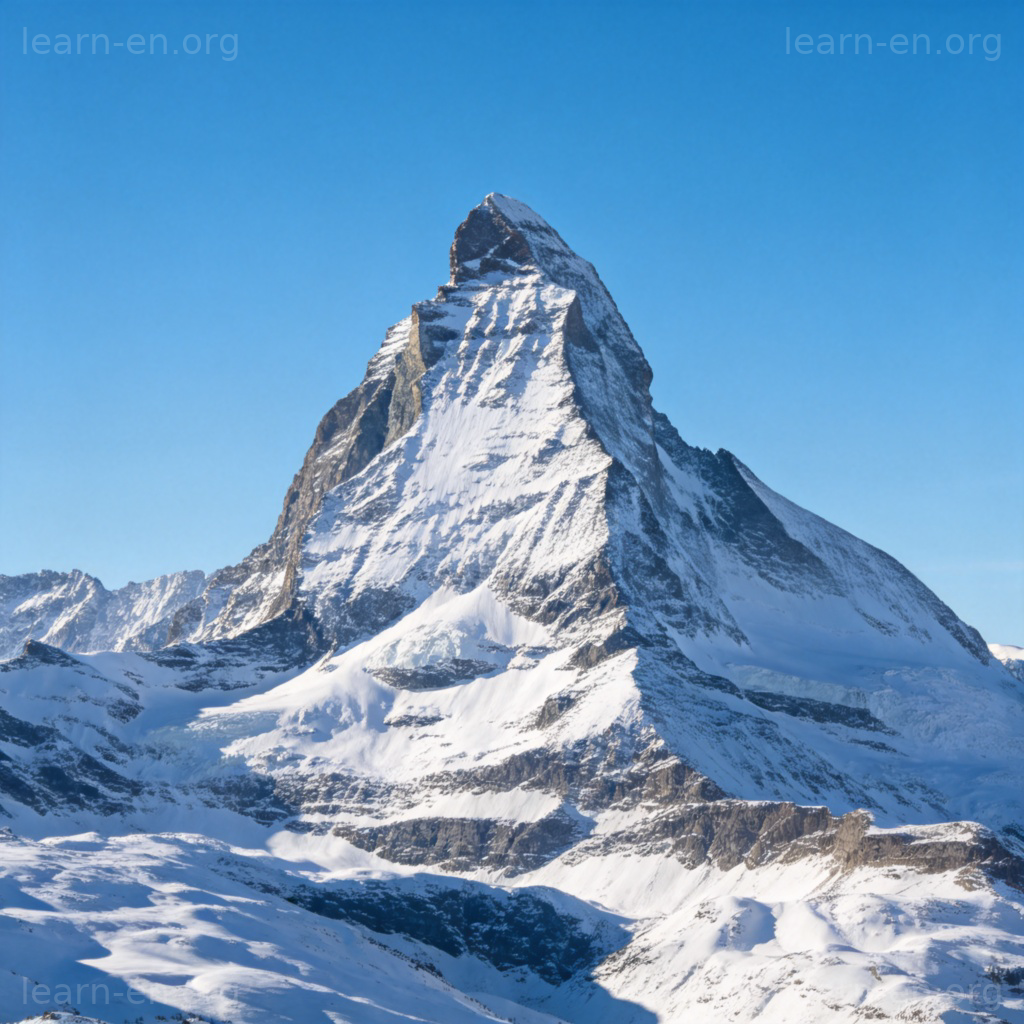 A majestic, sharp mountain peak covered in white snow against a clear blue sky. The peak is the highest point, distinct and prominent, with the lower slopes of the mountain visible. Natural lighting, photorealistic style, no people or text in the image.