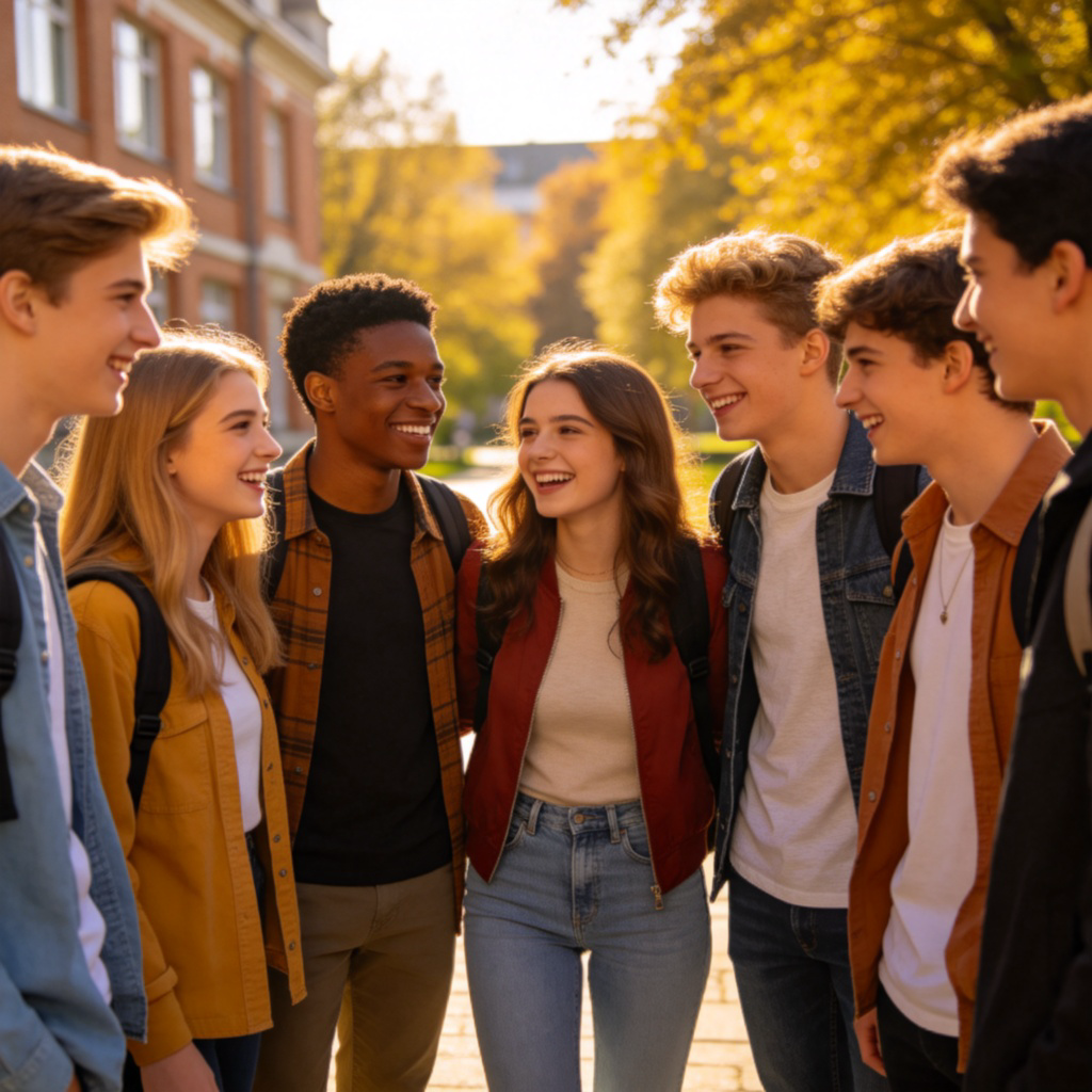 peer 同龄人含义图解：一群年轻人在校园愉快交流