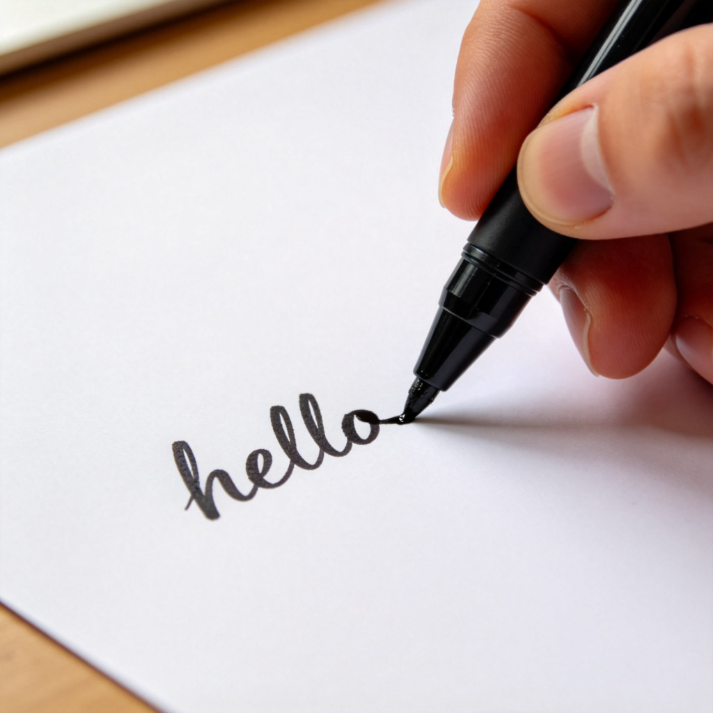 A close-up shot of a person's hand holding a black ballpoint pen, writing the word 'hello' on a clean sheet of white paper. The pen tip is touching the paper, and the ink is visibly wet and dark. Plain desk background, natural lighting, focus on the pen and the writing. No text.