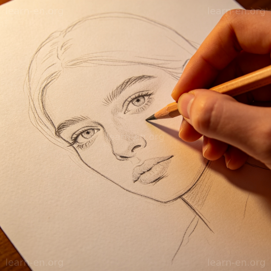 Pencil 动词用法图解：艺术家用铅笔勾勒肖像轮廓