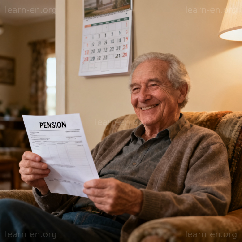 Pension 养老金图解：长者在家查看月度养老金账单的幸福场景