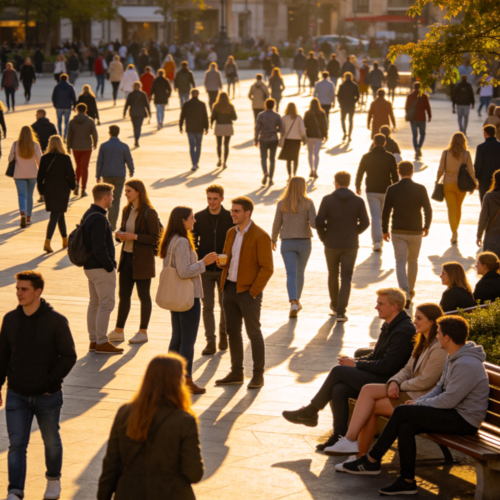 A vibrant city square filled with a diverse group of people from different backgrounds. Some are chatting, others are walking, a few are sitting on benches. Sunny day, casual clothing, natural interactions. The focus is on the collective group, not any single individual. Photorealistic style, clear and bright.