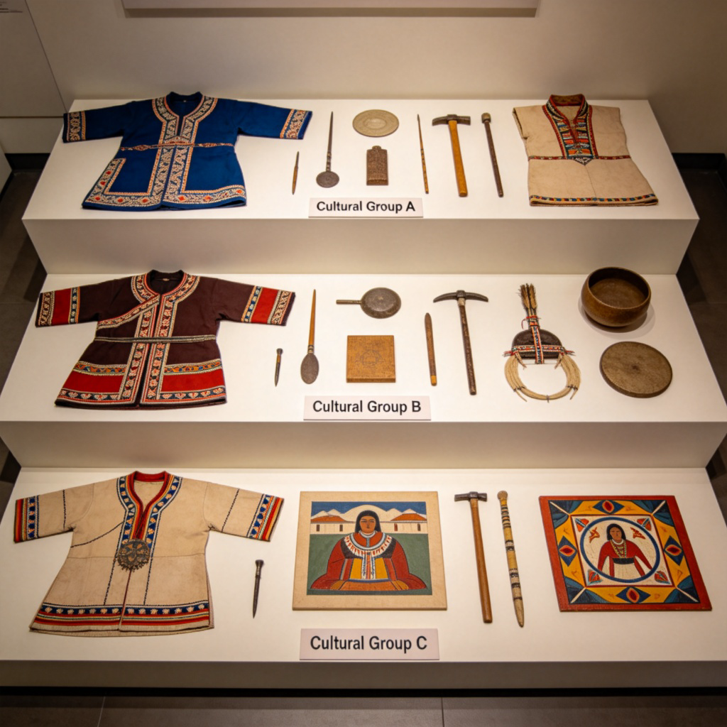 A museum display showing traditional clothing, tools, and artwork from three distinct cultural groups. Each set of items is neatly arranged on a separate platform with a label, highlighting their differences. Soft museum lighting, clean background. The focus is on the cultural artifacts representing different peoples.