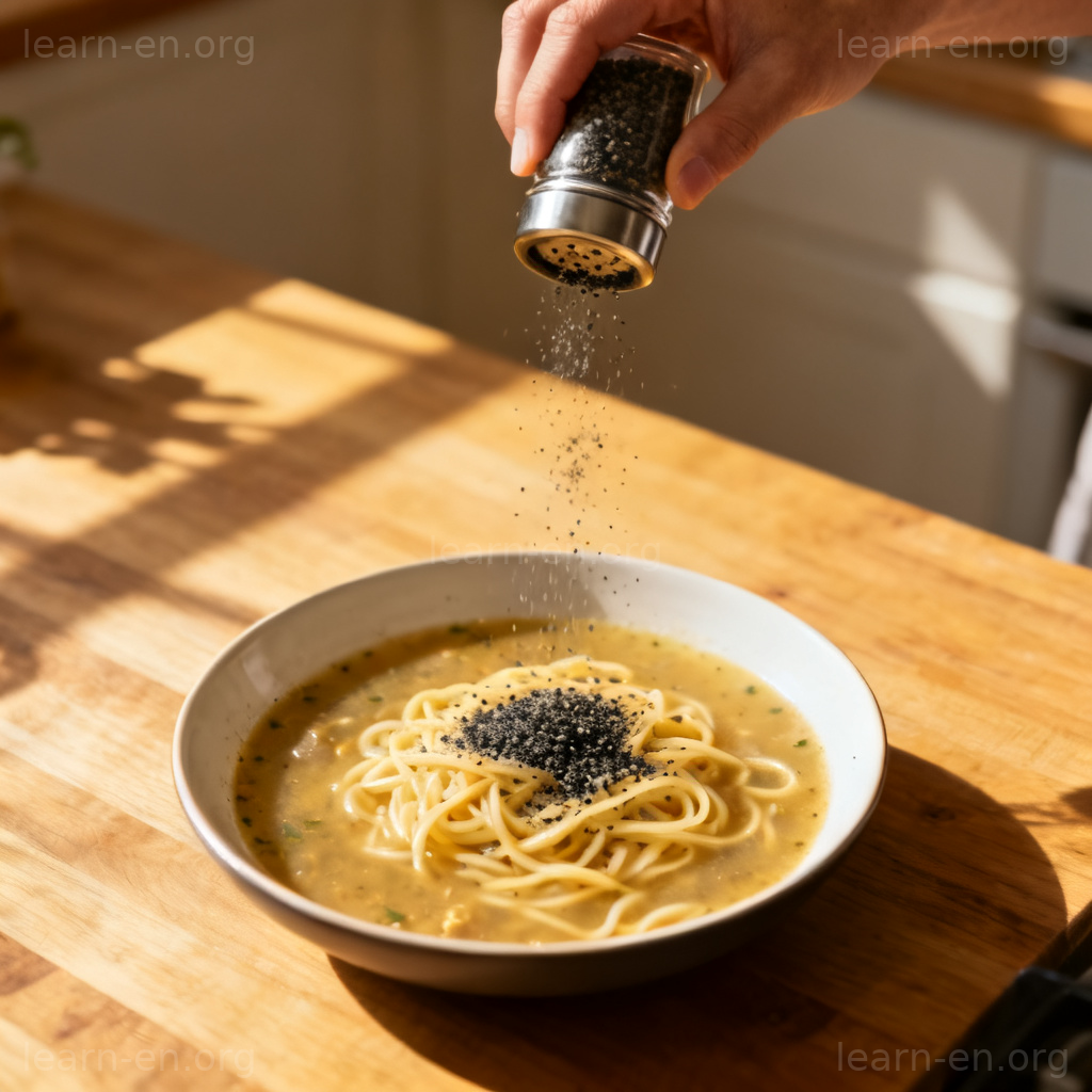 手向食物撒胡椒粉的动态动作过程图解