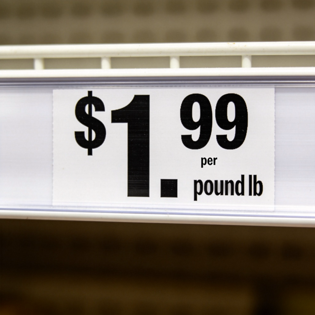 A clear close-up photo of a supermarket shelf price tag. The tag shows "$1.99" in large numbers, with the word "per" clearly written before "pound" or "lb". Simple white background, sharp focus on the price and the word "per". No other distracting text or logos.