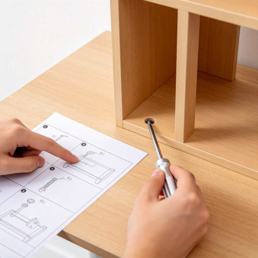 A person's hands following a paper instruction manual to assemble a simple piece of furniture, like a bookshelf. One hand points to a step in the manual, the other holds a screwdriver aligned with a pre-drilled hole. Well-lit desk, clean background. The focus is on the action of following instructions. No text visible on the manual.