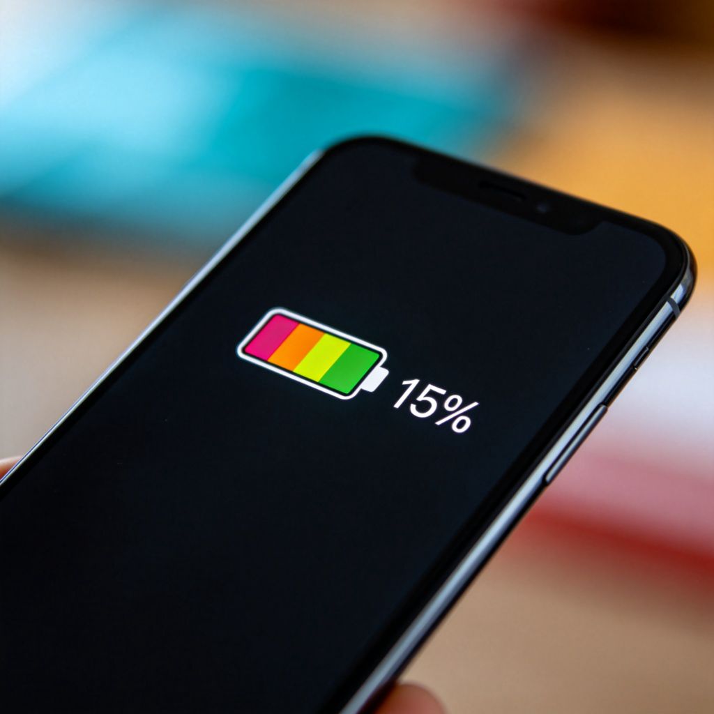 A close-up shot of a modern smartphone screen showing a colorful battery icon with the number '15%' clearly displayed next to it. The background is blurred, focusing only on the screen. The lighting is soft and natural, making the low battery warning easily noticeable. No other text or logos are visible.