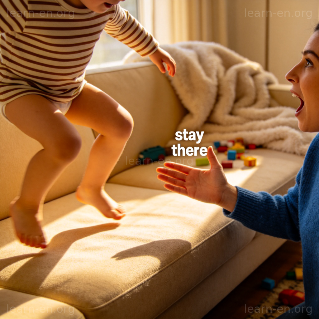 stay there 图解：家长伸手示意孩子待在沙发上的场景