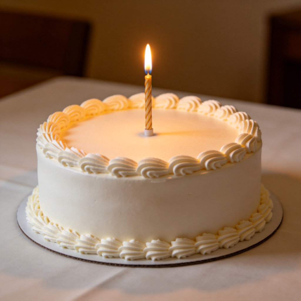 A beautifully decorated, round birthday cake sitting on a table. The cake has smooth, white frosting, a perfectly straight edge, and a single lit candle in the center. Warm, soft lighting highlights its flawless appearance against a simple background. No text.
